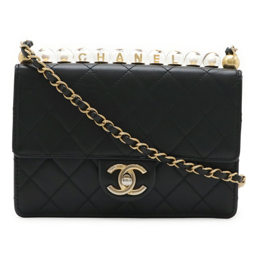 CHANEL Matelassé Coco Mark Clear Pearl Chain Shoulder Bag Flap Goatskin Black...